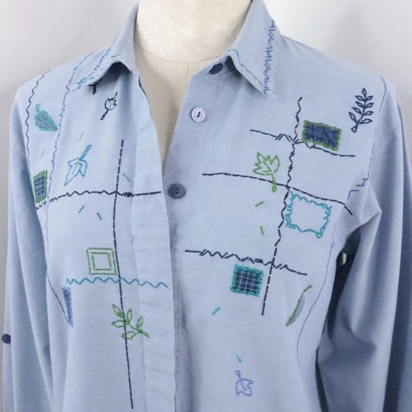 Napa Valley Petites Women's M Blue Embroidered Leaf Button-Up Roll-Tab Shirt - Picture 4 of 9